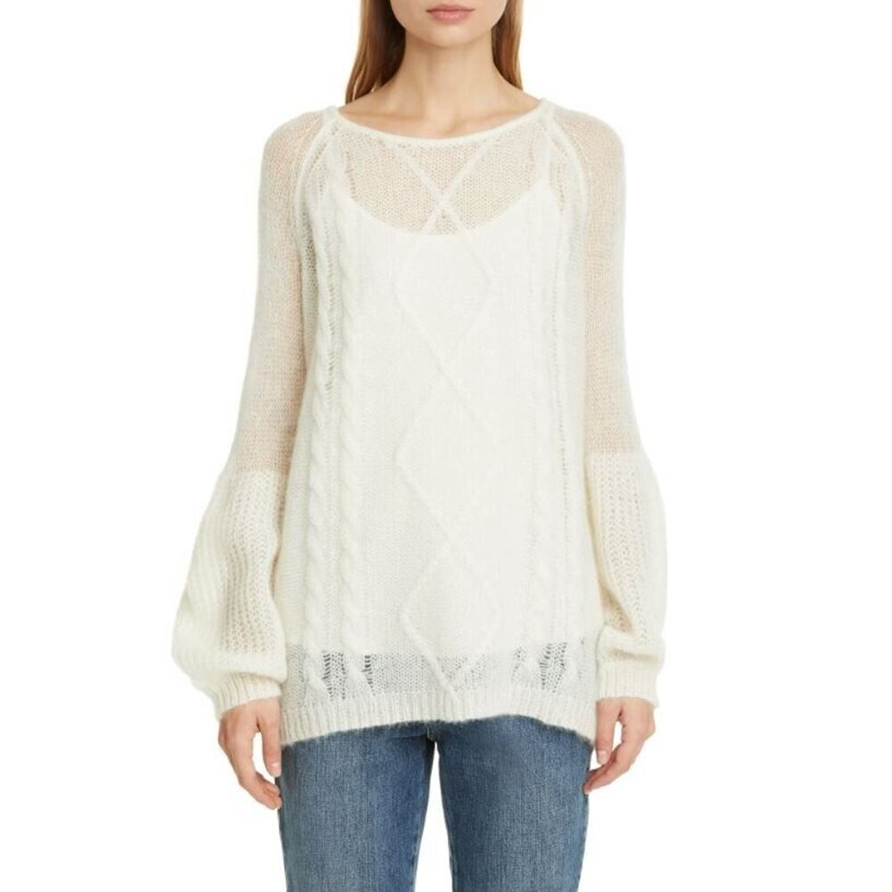 CO Women's Loose Weave Cable Knit Mohair Alpaca Oversized Sweater Ivory MD $695